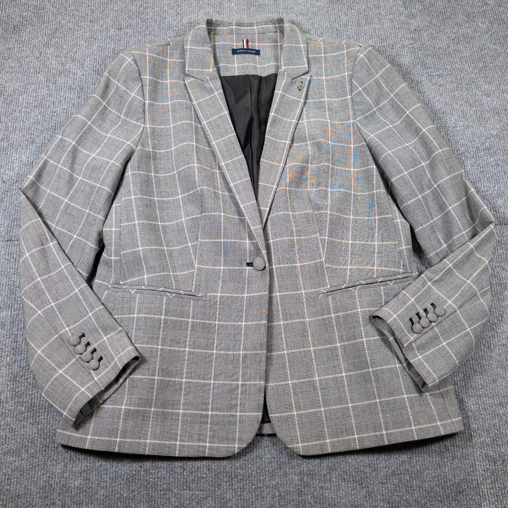 Tommy Hilfiger Glen Check Blazer Womens 12 Pink Gray Plaid Suit Jacket